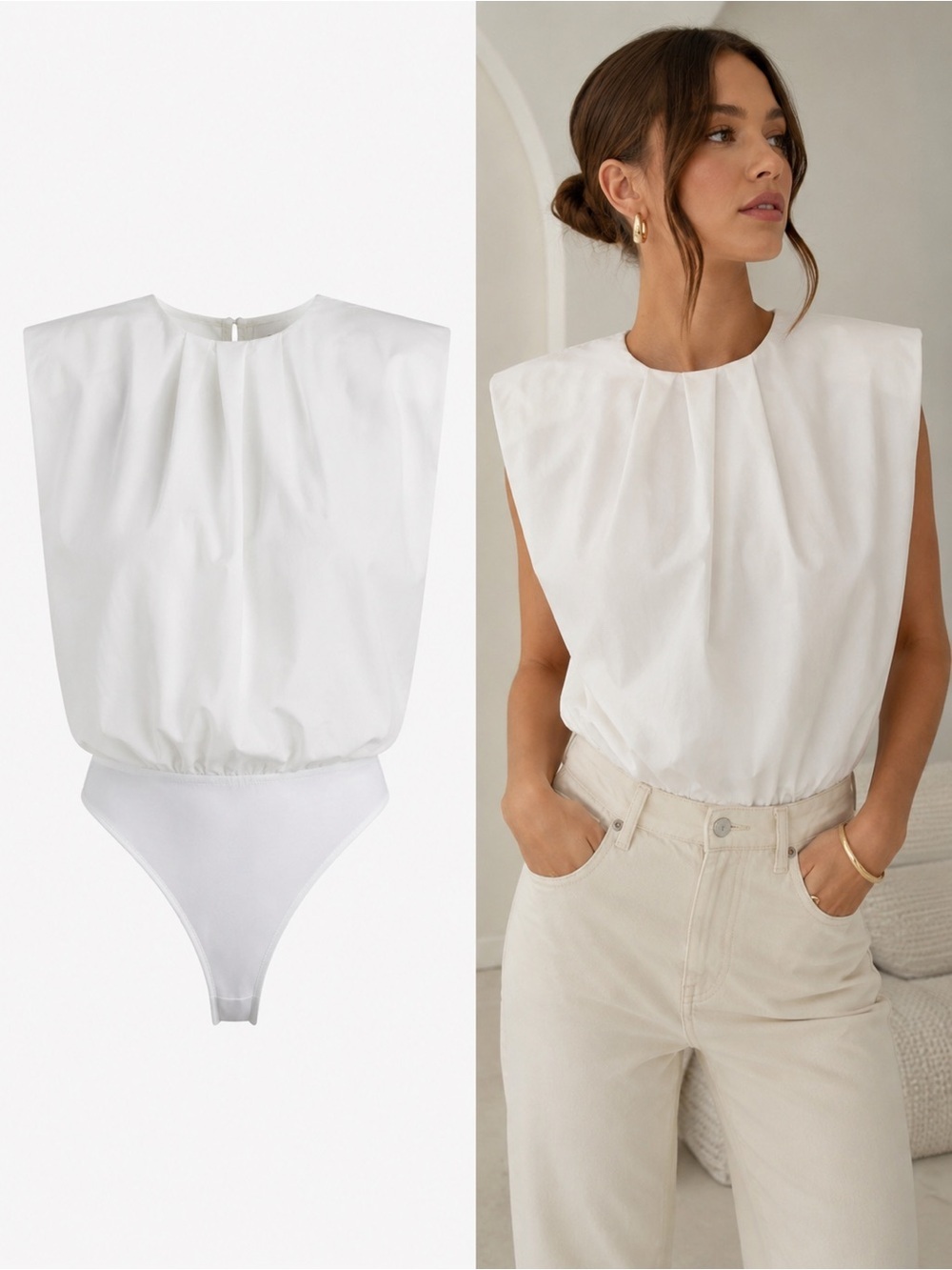 Cider White Cotton Shoulder Pad Bodysuit Top Size Small Minimalist Quiet Luxury